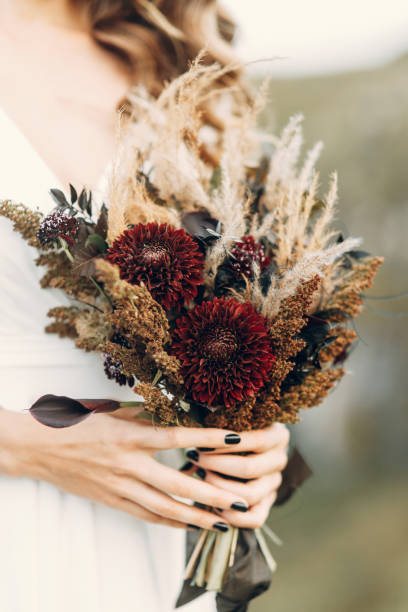 Wedding bouquet in boho style on the background of nature. The bride holds a bouquet of dried flowers. The bride holds a bouquet of dried flowers. Wedding bouquet in boho style on the background of nature. clump eyelashes stock pictures, royalty-free photos & images