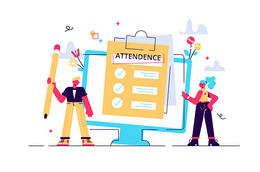 Attendance concept. Businessman near document clipboard with checklist. Vector illustration for web banner, infographics, mobile. Questionnaire, survey, clipboard, task list.