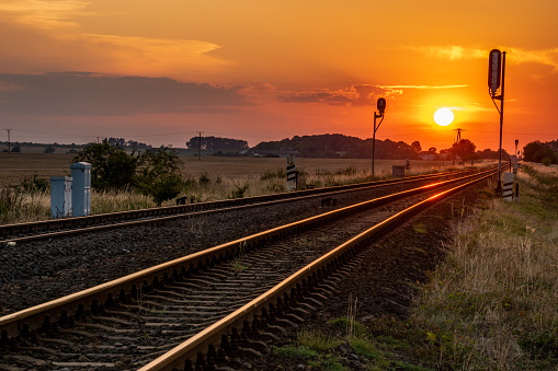 sun is setting over the railroad tracks