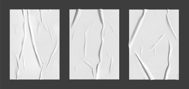 istock Glued paper set with wet transparent wrinkled effect on gray background. White wet paper poster template set with crumpled texture. Realistic vector posters mockup 1270553023