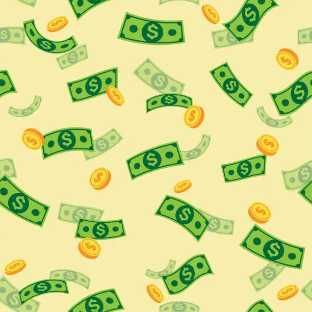 Vector illustration of Seamless money rain pattern, Falling dollar banknotes and coin on pale yellow background, Pattern graphic style