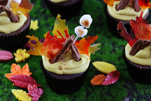 Stock photo showing a close-up view of chocolate cupcakes decorated as a bonfires with orange, boiled sweet flames, chocolate flake logs and toasted marshmallows in a bonfire night scene with green grass.