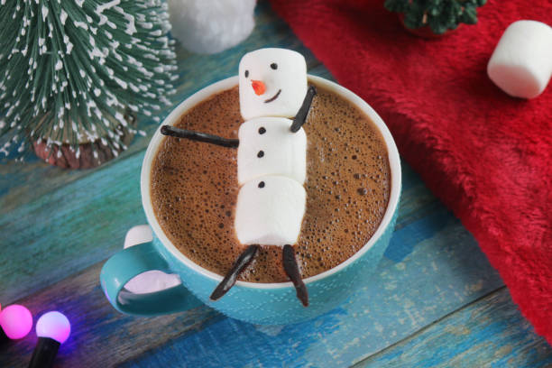 istock Image of group of objects, model Christmas trees, mug hot chocolate drink / cocoa with marshmallow snowman, and red and white Santa hat, turquoise tongue groove effect backdrop, Christmas concept 1270554709