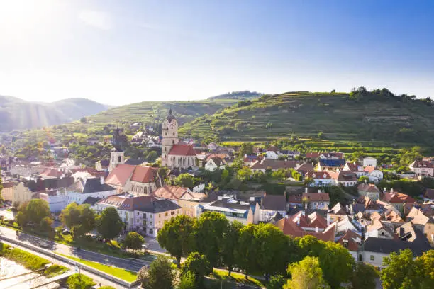 Krems and Stein downtown view. Famous old city in Wachau, Lower Austria during summertime.