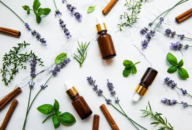 бутылки эфирных масел с травами и цвет�ами - facial mask herbal medicine spa treatment ayurveda стоковые фото и изображения