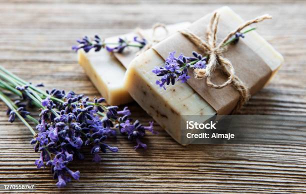 Bars Of Handmade Soap With Lavender Stock Photo - Download Image Now - Soap, Craft, Homemade