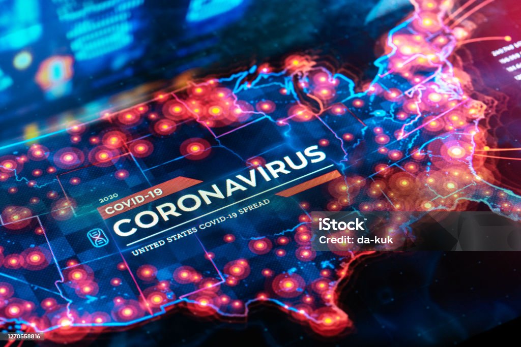 COVID-19 Outbreak in USA Coronavirus COVID-19 Outbreak in USA. US map with virus spread infographic and stats Map Stock Photo