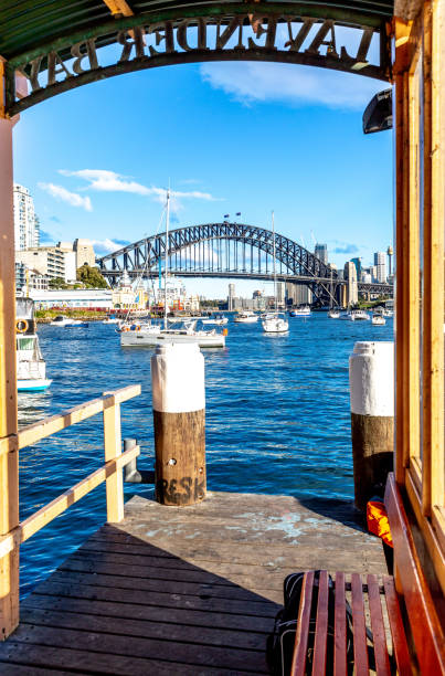 Yachts and sailboats in the Lavender bay in Sydey harbour with the Harbor bridge and the CBD skyline in the backgournd.