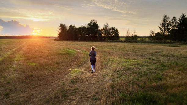 istock Jogging in the field at sunset. Aerial shot 1270559399