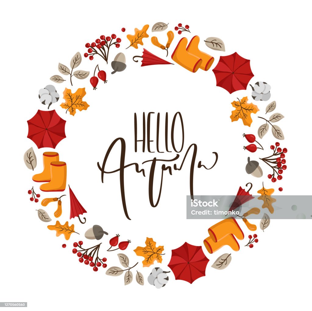 Hello Autium Writing Hello Autumn Vector Calligraphy Lettering Text Round Background Frame ...
