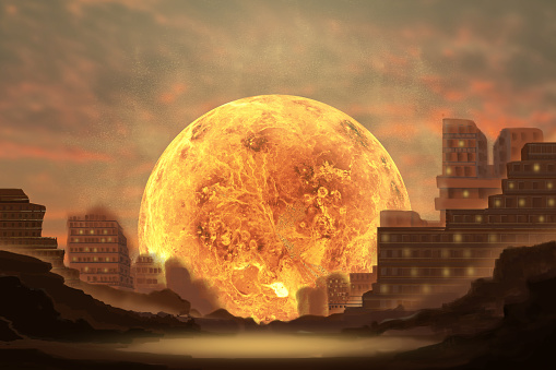 Imagine the Planet landscape and the burning city, digital art style, illustration painting this image furnished by NASA