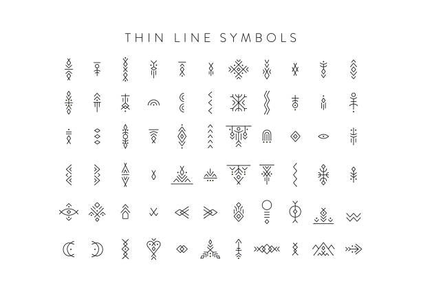 Vector set of line art symbols for design and lettering in boho and hipster style. Vector set of line art symbols for design and lettering in boho and hipster style. runes stock illustrations