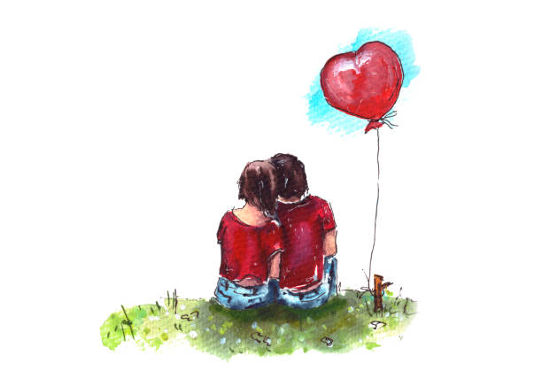 Illustration of happy lovers, Valentine's Day, balloon Illustration, Valentine's Day, lovers in red T-shirts sit on the grass, look at the sky, a balloon in the form of a red heart forever friends stock illustrations