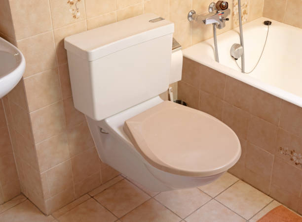 istock Very old toilet in a brown bathroom, empty 1270565279