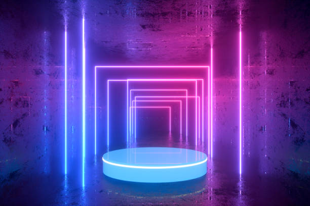 istock 3D Empty Product Stand, Platform in Dark Room with Ultraviolet Neon Laser Glowing Lines 1270565713