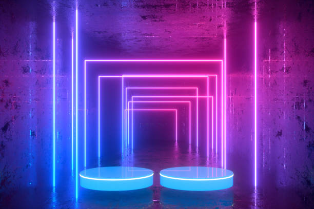 istock 3D Empty Product Stand, Platform in Dark Room with Ultraviolet Neon Laser Glowing Lines 1270566452