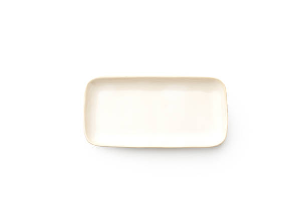 Flat lay white rectangular empty plate isolated on white background top view