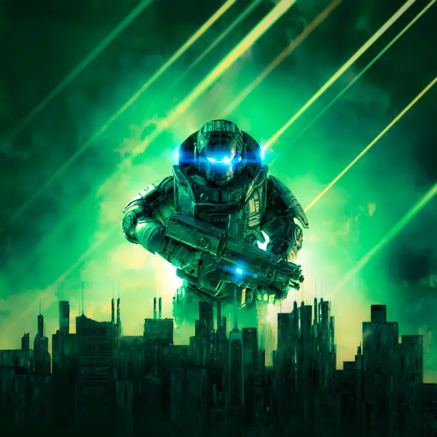 3D illustration of science fiction military robot warrior rising above futuristic dystopian streets