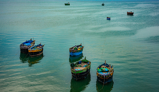 Fishing boats tied in harbor.