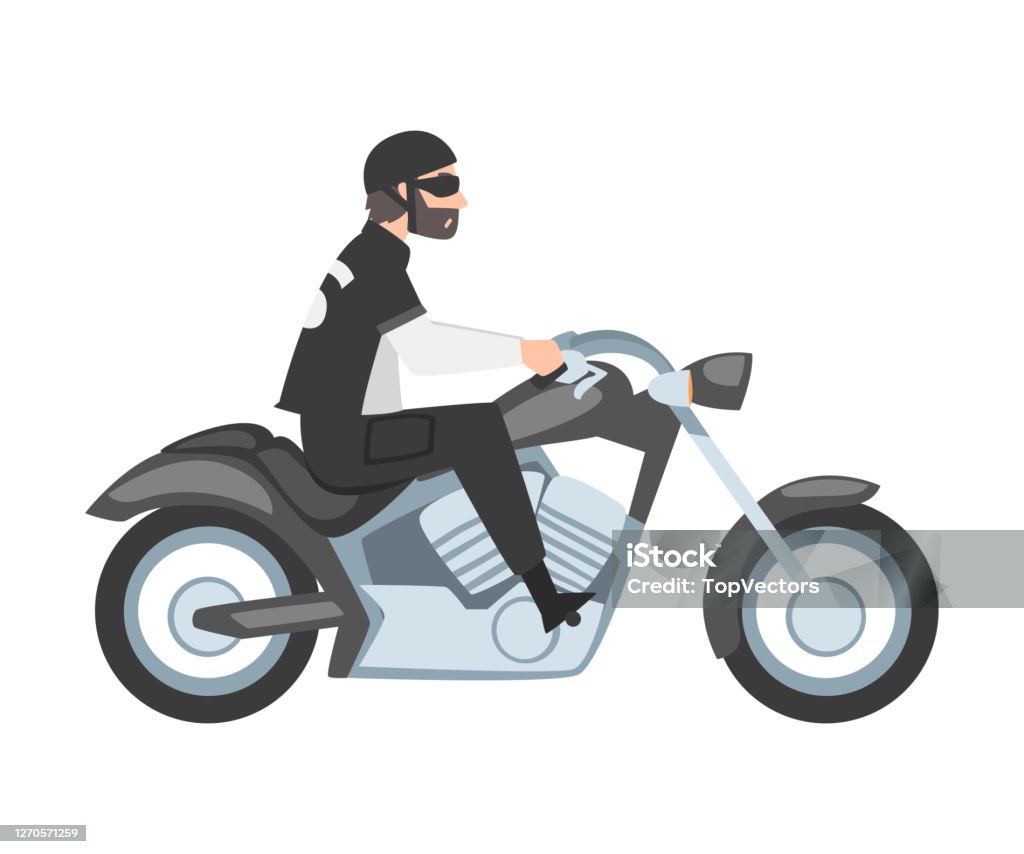 Bearded Man Riding Motorcycle Side View Of Male Biker Character In Black  Leather Clothes And Helmet Driving Chopper Cartoon Style Vector  Illustration Stock Illustration - Download Image Now - iStock