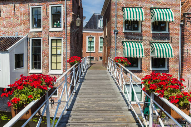 istock Little wooden bridge with red flowers in Appingedam 1270571390