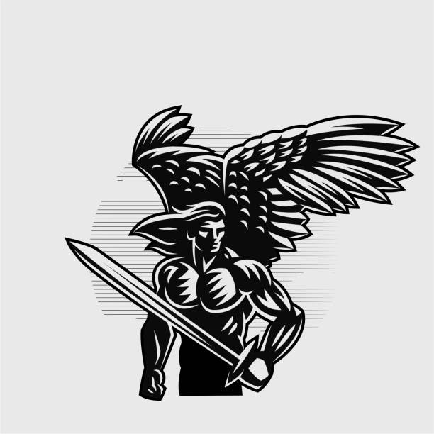 Muscular Angel Man Muscular Angel Man with wings and long hair and holding a sword. spiritual warfare stock illustrations