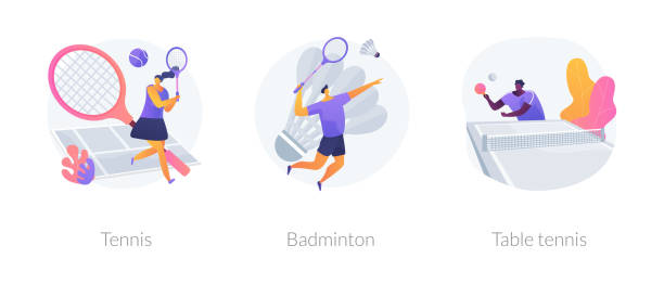 ilustraciones, imágenes clip art, dibujos animados e iconos de stock de la raqueta presenta ilustraciones vectoriales de concepto abstracto. - bádminton deporte