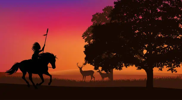 Vector illustration of vector scene of north american indian riding horse at forest edge at sunset