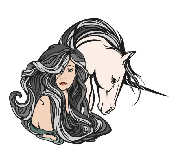 Vector illustration of forest nymph girl and mythical unicorn horse vector portrait