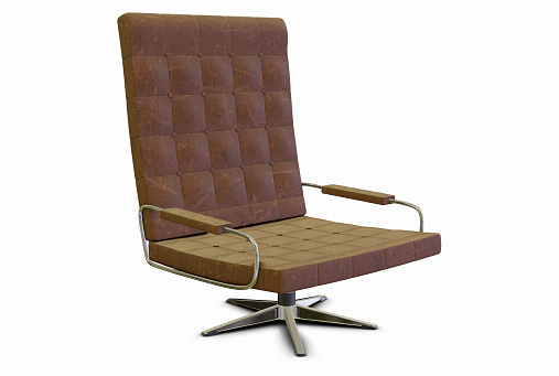 A realistic 3 D rendered model of a retro leather armchair. The chair is in brown leather and the frame parts are in steel and metal.