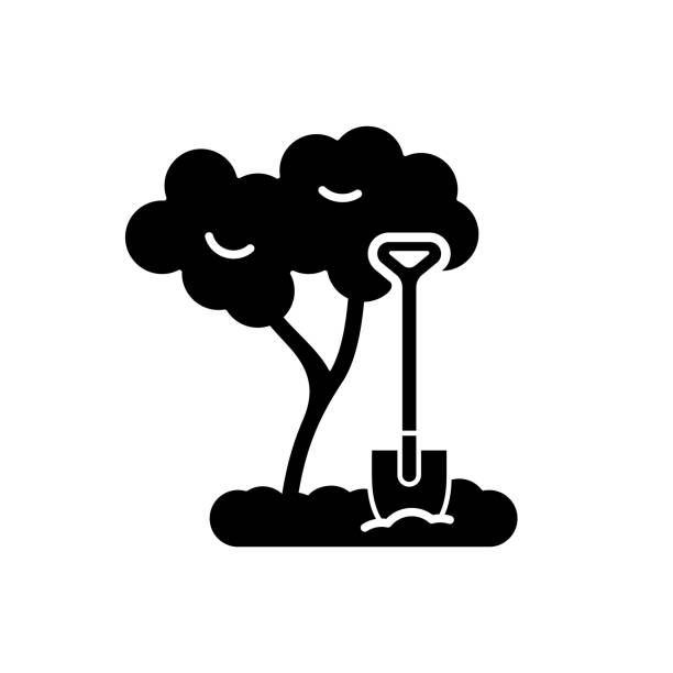Silhouette Tree planting. Seedling in ground with stuck shovel Silhouette Tree planting. Seedling in ground with stuck shovel. Outline icon of landscape gardening, loosening soil. Flat isolated vector illustration. Manual labor in fresh air. Community work day plantation stock illustrations