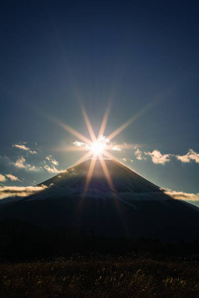 Beautiful sunrise with Mt. Fuji from lake Tanuki