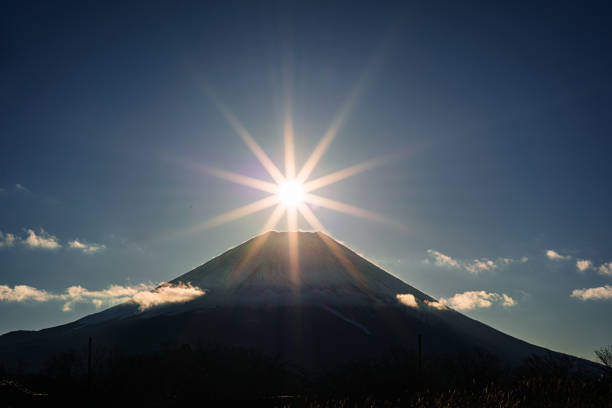 Beautiful sunrise with Mt. Fuji from lake Tanuki