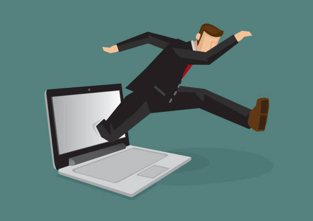 istock Metaphor of a businessman coming out of laptop computer. 1270579843