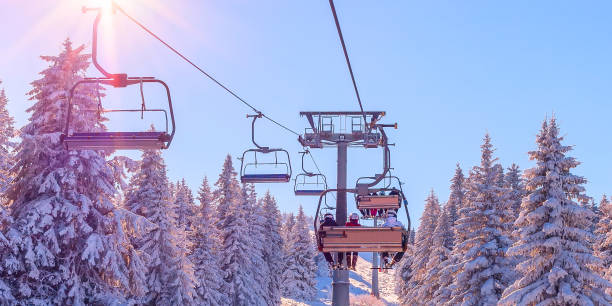 ski resort view, chair lift banner panorama - skiing snow ski slope sunlight imagens e fotografias de stock