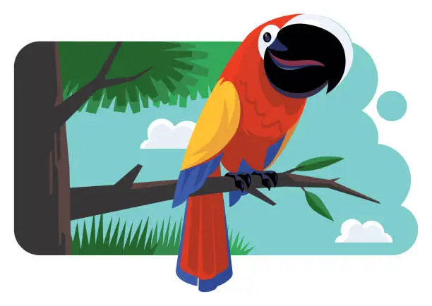 Vector illustration of happy parrot standing on branch