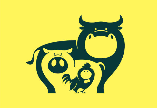 ilustrações, clipart, desenhos animados e ícones de símbolo de frango porco vaca - farm animal cartoon cow