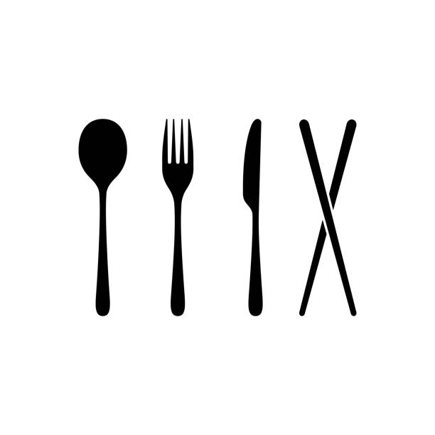 illustrazioni stock, clip art, cartoni animati e icone di tendenza di icona cucchiaio, forchetta, coltello e bacchette. accessori per sedie. concetto di ristorante. vettore su sfondo bianco isolato. eps 10 - spoon computer graphic silhouette fork