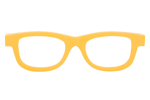 Yellow plastic glasses isolated on a white background seen from the front