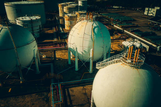 aerial view oil and gas terminal storage tank - oil storage tank storage compartment fuel and power generation imagens e fotografias de stock