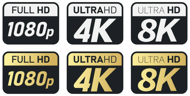 Black, white and golden video or screen resolution icons. Set from 1080p to 8k Black, white and golden video or screen resolution icons. Set from 1080p to 8k 4k resolution stock illustrations