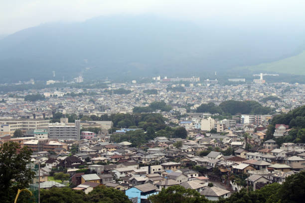 Overlook view of Beppu the onsen town, taken from Myohoji Temple in Japan stock photo