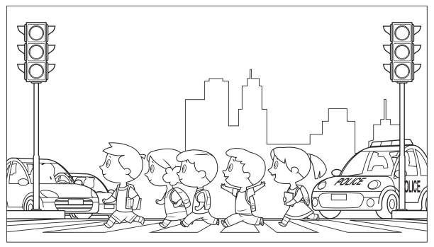 Black And White, Traffic lights and children Vector Black And White, Traffic lights and children kids coloring pages stock illustrations