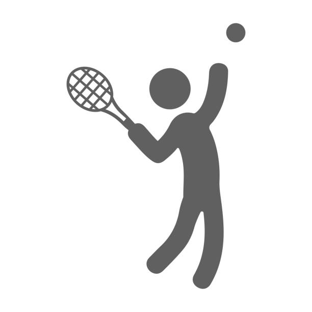 illustrazioni stock, clip art, cartoni animati e icone di tendenza di icona dello sport, della racchetta, del tennis. vettore grigio su sfondo bianco isolato - tennis silhouette tennis racket tennis ball