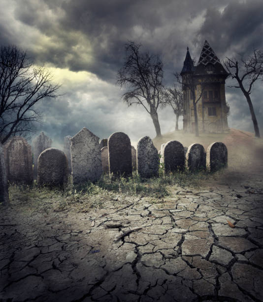 nawiedzony dom na cmentarzu. plakat do projektowania halloween. - cemetery hill zdjęcia i obrazy z banku zdjęć