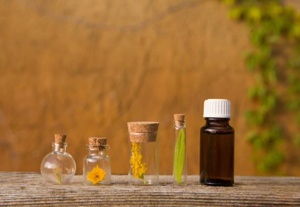 istock Bottles with herbs on a wooden board - blurry background, place for text 1270593167