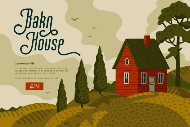 illustrations, cliparts, dessins animés et icônes de maison de ferme rouge. paysage rural avec la maison de grange dans le modèle rustique sur le champ vert avec des cyprès - barn red old door