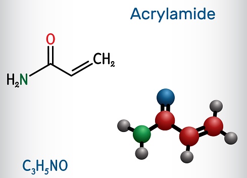 Acrylamide, ACR, acrylic amide molecule. It is as a precursor to polyacrylamides. Structural chemical formula and molecule model. Vector illustration