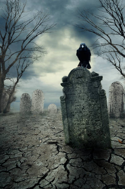 istock Halloween poster with scary raven standing on tombstone. 1270594837