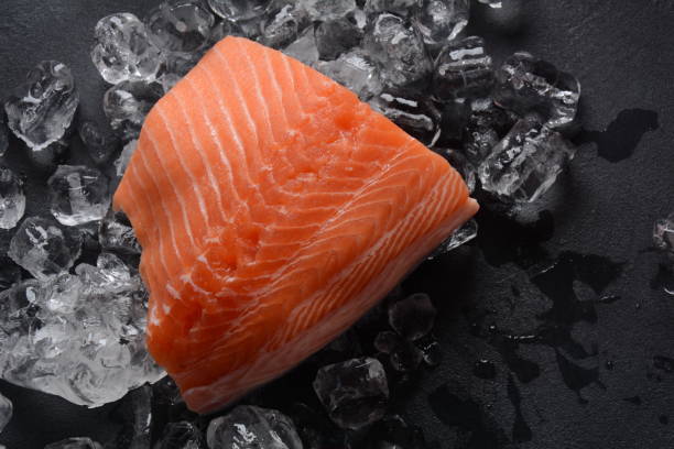istock Raw salmon fillet on ice background 1270597046